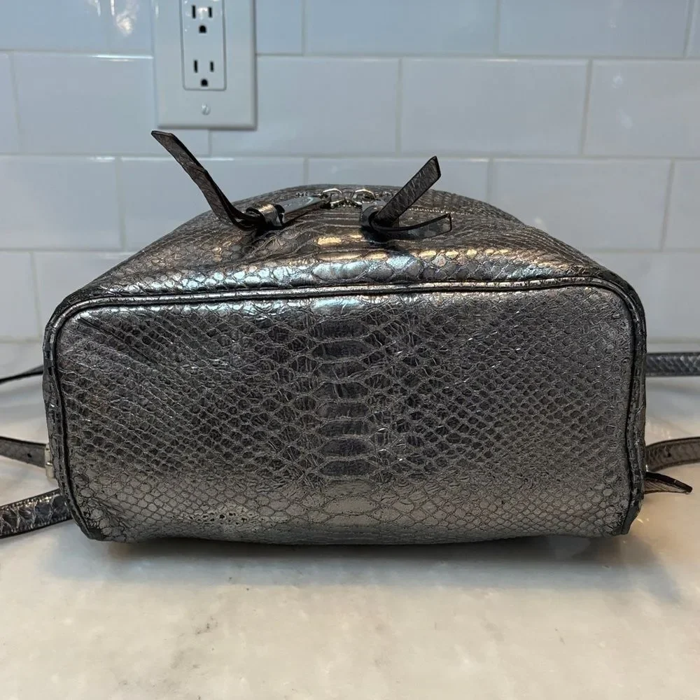 Michael Kors Backpack Bag Leather Purse Handbag Rhea Metallic Silver Snake Print